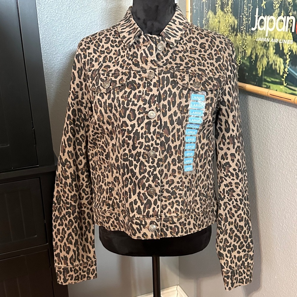 Nine West Sarah Jacket Womens Large Tan Leopard Print Bengal Bonanza Denim NWT